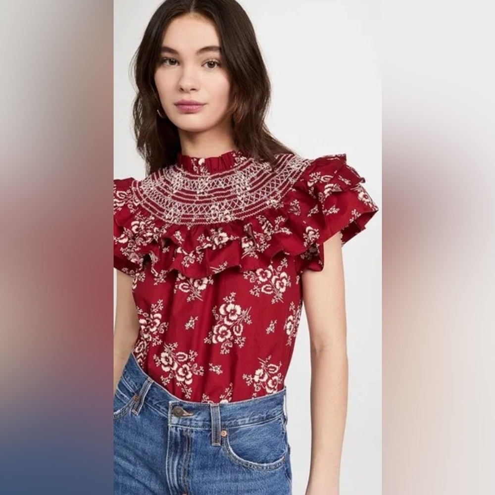 Sea New York Alessia Red Floral Mock Neck Ruffle Cotton Red Top XXS smocked‎ ASO